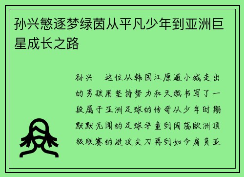 孙兴慜逐梦绿茵从平凡少年到亚洲巨星成长之路