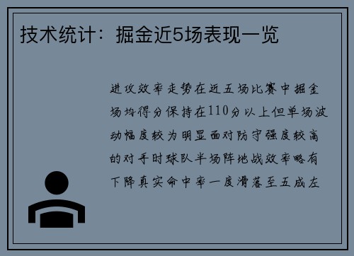 技术统计：掘金近5场表现一览
